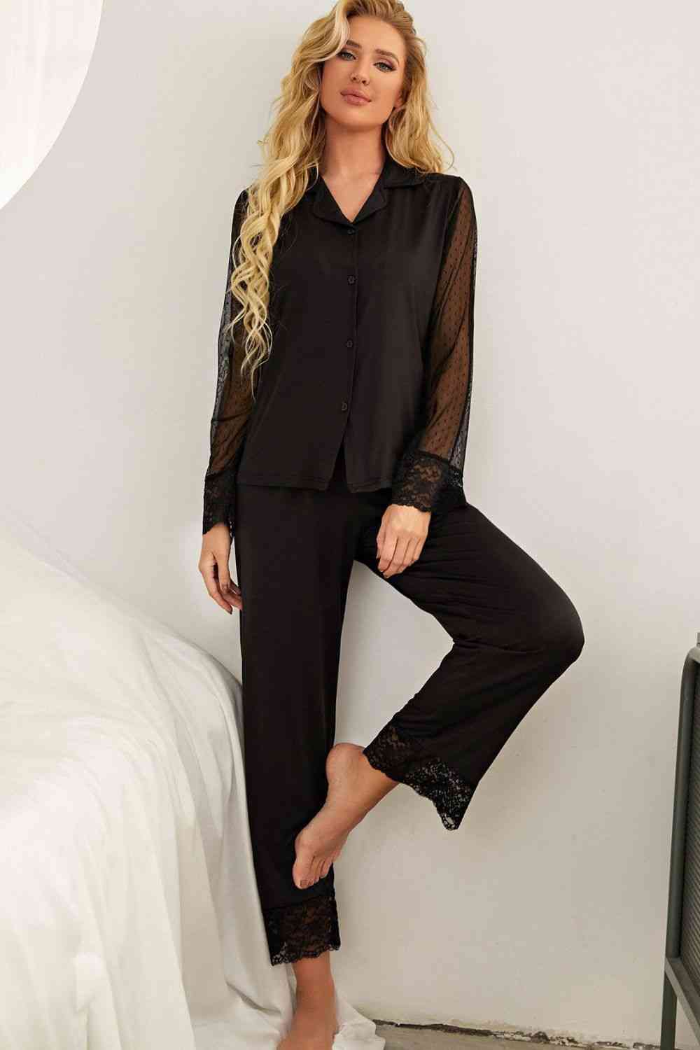 Minimalist Chic, Maximum Sleep: Spliced Lace Lapel Pajamas